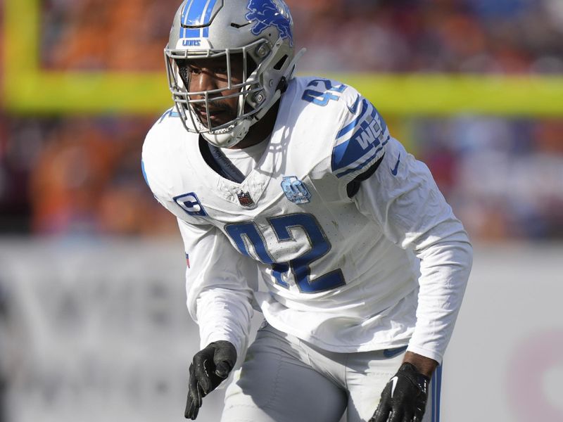 Detroit Lions linebacker Jalen Reeves-Maybin (42) runs toward the ball carrier as he defends during an NFL football game against the Tampa Bay Buccaneers, Sunday, Oct. 15 2023, in Tampa, Fla. (AP Photo/Peter Joneleit)