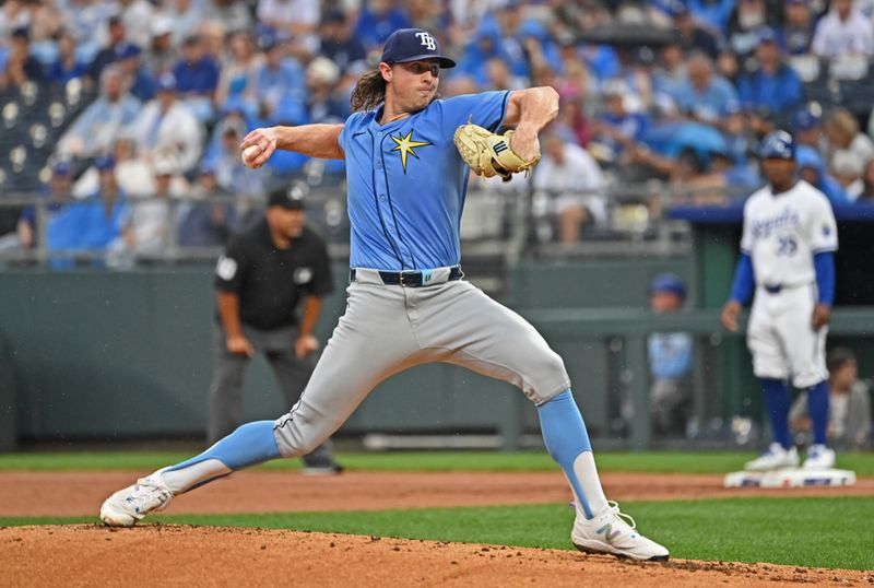 Jul 3, 2024; Kansas City, Missouri, USA;  Tampa Bay Rays staring pitcher Ryan Pepiot (44) delivers a pitch against the Kansas City Royals in the first inning at Kauffman Stadium. Mandatory Credit: Peter Aiken-USA TODAY Sports