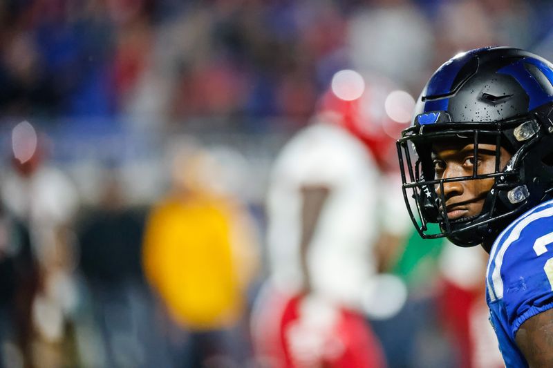 Oct 14, 2023; Durham, North Carolina, USA; Duke Blue Devils wide receiver Sahmir Hagans (2) looks on during the second half of the game against North Carolina State Wolfpack at Wallace Wade Stadium. Mandatory Credit: Jaylynn Nash-USA TODAY Sports