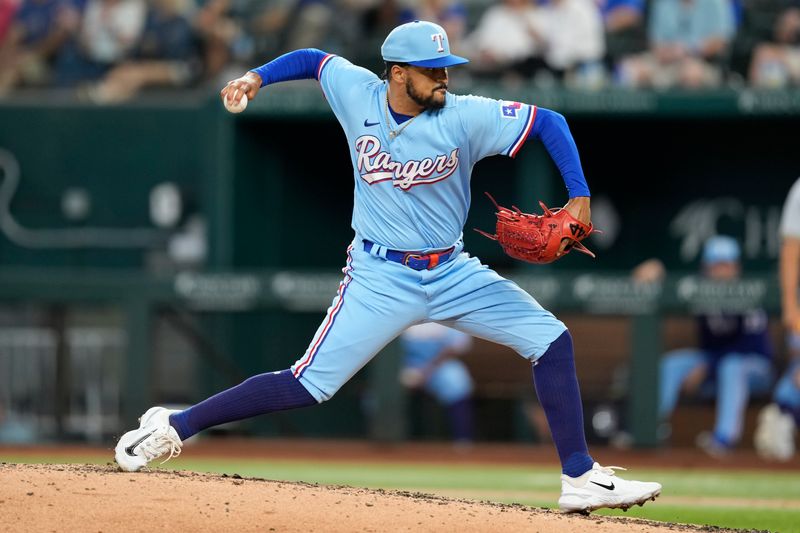 Aug 20, 2023; Arlington, Texas, USA; Texas Rangers relief pitcher Grant Anderson (65) delivers a pitch to the Milwaukee Brewers during the third inning at Globe Life Field. Mandatory Credit: Jim Cowsert-USA TODAY Sports