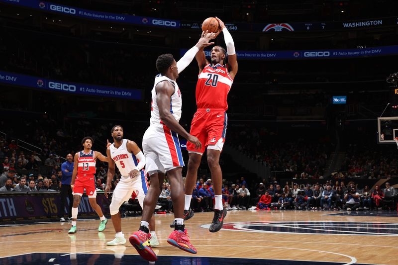 WASHINGTON, DC -? NOVEMBER 17: Alexandre Sarr #20 of the Washington Wizards shoots the ball during the game against the Detroit Pistons on November 17, 2024 at Capital One Arena in Washington, DC. NOTE TO USER: User expressly acknowledges and agrees that, by downloading and or using this Photograph, user is consenting to the terms and conditions of the Getty Images License Agreement. Mandatory Copyright Notice: Copyright 2024 NBAE (Photo by Stephen Gosling/NBAE via Getty Images)