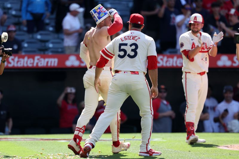 Jun 9, 2024; Anaheim, California, USA;  Los Angeles Angels relief pitcher Carlos Estevez (53) celebrates with catcher Logan O'Hoppe (14) after O'Hoppe hit a game winning 2-run home run in bottom of the ninth inning against the Houston Astros at Angel Stadium. Mandatory Credit: Kiyoshi Mio-USA TODAY Sports