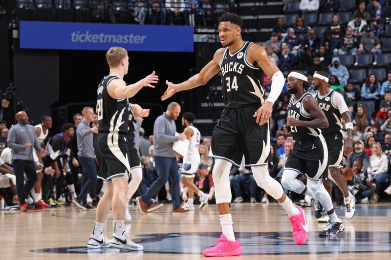 MEMPHIS, TN - FEBRUARY 15: Giannis Antetokounmpo #34 of the Milwaukee Bucks high fives AJ Green #20 during the game against the Memphis Grizzlies on February 15, 2024 at FedExForum in Memphis, Tennessee. NOTE TO USER: User expressly acknowledges and agrees that, by downloading and or using this photograph, User is consenting to the terms and conditions of the Getty Images License Agreement. Mandatory Copyright Notice: Copyright 2024 NBAE (Photo by Stephen Gosling/NBAE via Getty Images)