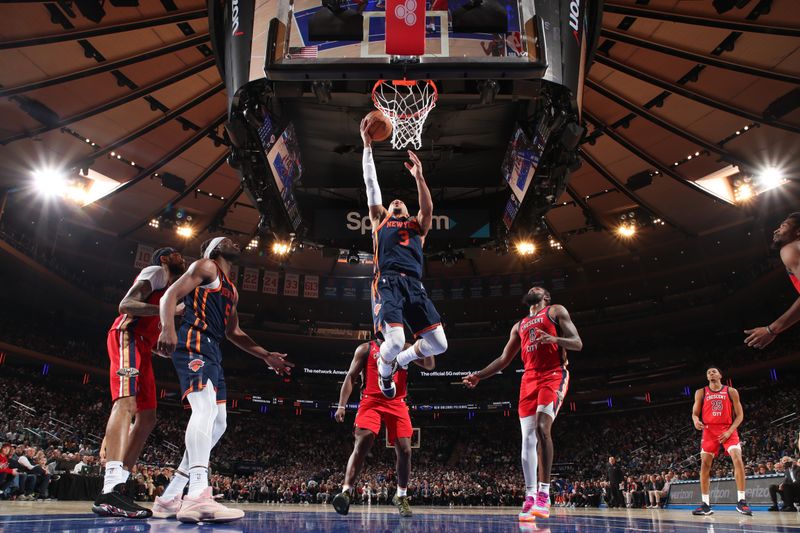 NEW YORK, NY - FEBRUARY 27:  Josh Hart #3 of the New York Knicks goes to the basket during the game on February 27, 2024 at Madison Square Garden in New York City, New York.  NOTE TO USER: User expressly acknowledges and agrees that, by downloading and or using this photograph, User is consenting to the terms and conditions of the Getty Images License Agreement. Mandatory Copyright Notice: Copyright 2024 NBAE  (Photo by Nathaniel S. Butler/NBAE via Getty Images)