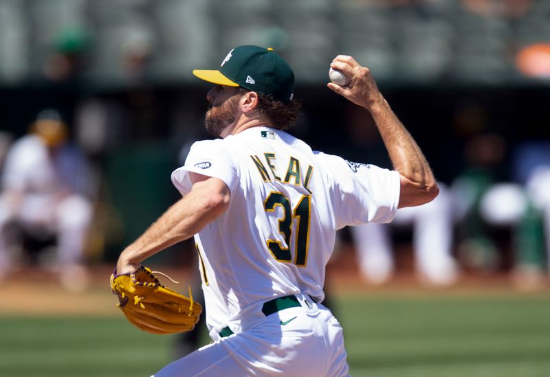 Aug 20, 2023; Oakland, California, USA; Oakland Athletics pitcher Zach Neal (31) delivers a pitch against the Baltimore Orioles during the fifth inning at Oakland-Alameda County Coliseum. Mandatory Credit: D. Ross Cameron-USA TODAY Sports