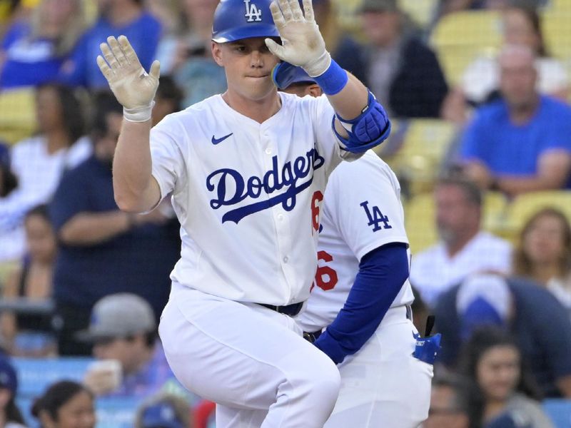 Jul 19, 2024; Los Angeles, California, USA;  Los Angeles Dodgers catcher Will Smith (16) on first base after a single in the first inning against the Boston Red Sox at Dodger Stadium. Mandatory Credit: Jayne Kamin-Oncea-USA TODAY Sports