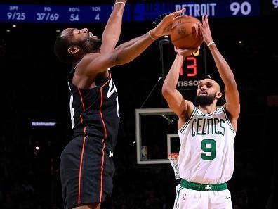 BOSTON, MA - DECEMBER 28: Derrick White #9 of the Boston Celtics shoots the ball during the game against the Detroit Pistons on December 28, 2023 at the TD Garden in Boston, Massachusetts. NOTE TO USER: User expressly acknowledges and agrees that, by downloading and or using this photograph, User is consenting to the terms and conditions of the Getty Images License Agreement. Mandatory Copyright Notice: Copyright 2023 NBAE  (Photo by Brian Babineau/NBAE via Getty Images)