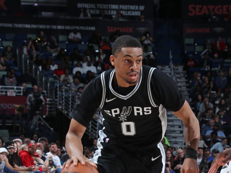 NEW ORLEANS, LA - FEBRUARY 25: Keldon Johnson #0 of the San Antonio Spurs dribbles the ball during the game against the New Orleans Pelicans on February 25, 2025 at the Smoothie King Center in New Orleans, Louisiana. NOTE TO USER: User expressly acknowledges and agrees that, by downloading and or using this Photograph, user is consenting to the terms and conditions of the Getty Images License Agreement. Mandatory Copyright Notice: Copyright 2025 NBAE (Photo by Layne Murdoch Jr./NBAE via Getty Images)