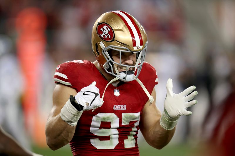 San Francisco 49ers defensive end Nick Bosa (97) reacts after a turnover during the NFC Championship NFL football game against the Detroit Lions in Santa Clara, Calif., Sunday, Jan. 28, 2024. (AP Photo/Scot Tucker)