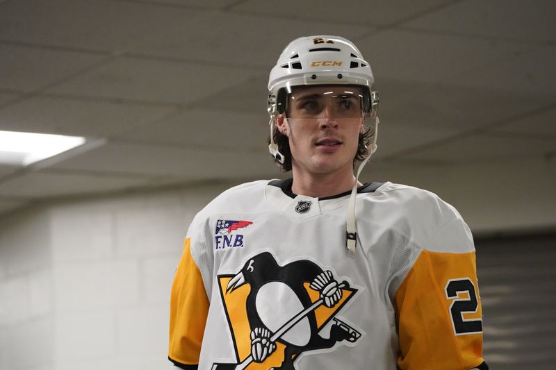 Jan 27, 2025; San Jose, California, USA;  Pittsburgh Penguins defenseman Ryan Graves (27) during pre-game warms up against the San Jose Sharks at SAP Center at San Jose. Mandatory Credit: David Gonzales-Imagn Images