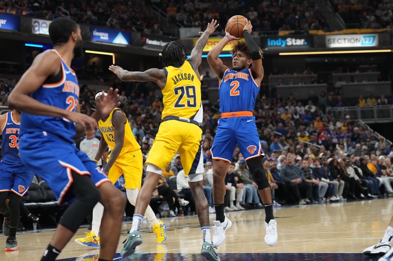 INDIANAPOLIS, IN - NOVEMBER 10: Miles McBride #2 of the New York Knicks shoots the ball during the game against the Indiana Pacers on November 10, 2024 at Gainbridge Fieldhouse in Indianapolis, Indiana. NOTE TO USER: User expressly acknowledges and agrees that, by downloading and or using this Photograph, user is consenting to the terms and conditions of the Getty Images License Agreement. Mandatory Copyright Notice: Copyright 2024 NBAE (Photo by A.J. Mast/NBAE via Getty Images)