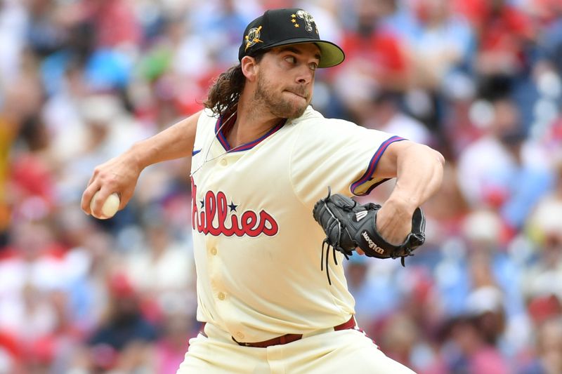 May 19, 2024; Philadelphia, Pennsylvania, USA; Philadelphia Phillies pitcher Aaron Nola (27) throws a pitch during the first inning against the Washington Nationals at Citizens Bank Park. Mandatory Credit: Eric Hartline-USA TODAY Sports