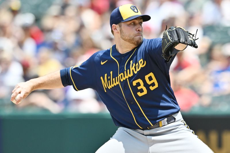 Jun 25, 2023; Cleveland, Ohio, USA; Milwaukee Brewers starting pitcher Corbin Burnes (39) throws a pitch during the first inning against the Cleveland Guardians at Progressive Field. Mandatory Credit: Ken Blaze-USA TODAY Sports