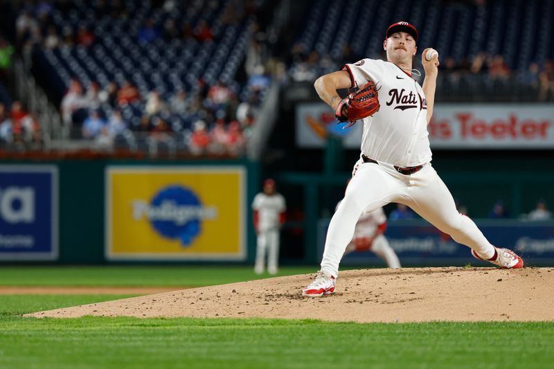 Sep 24, 2024; Washington, District of Columbia, USA; Washington Nationals starting pitcher Mitchell Parker (70) pitches against the Kansas City Royals during the second inning at Nationals Park. Mandatory Credit: Geoff Burke-Imagn Images