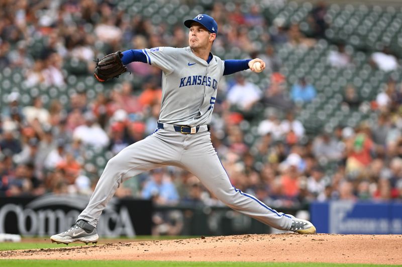 Aug 2, 2024; Detroit, Michigan, USA;  Kansas City Royals starting pitcher Cole Ragans (55) throws a pitch against the Detroit Tigers in the second inning at Comerica Park. Mandatory Credit: Lon Horwedel-USA TODAY Sports