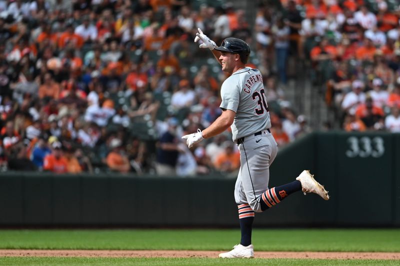 Sep 22, 2024; Baltimore, Maryland, USA;  Detroit Tigers outfielder Kerry Carpenter (30) celebrates while running out a sixth inning solo home run against the Baltimore Orioles at Oriole Park at Camden Yards. Mandatory Credit: Tommy Gilligan-Imagn Images