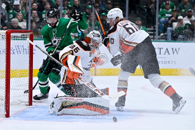 Jan 25, 2024; Dallas, Texas, USA; Dallas Stars center Craig Smith (15) attempts to poke the puck past Anaheim Ducks goaltender John Gibson (36) and defenseman Jackson LaCombe (60) during the second period at the American Airlines Center. Mandatory Credit: Jerome Miron-USA TODAY Sports