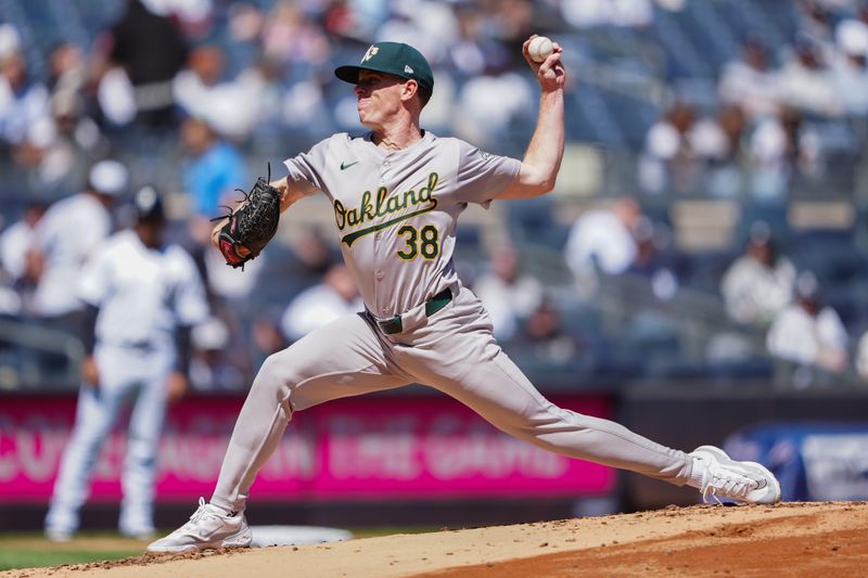 Apr 22, 2024; Bronx, New York, USA; Oakland Athletics pitcher JP Sears (38) delivers against the New York Yankees during the first inning at Yankee Stadium. Mandatory Credit: Gregory Fisher-USA TODAY Sports