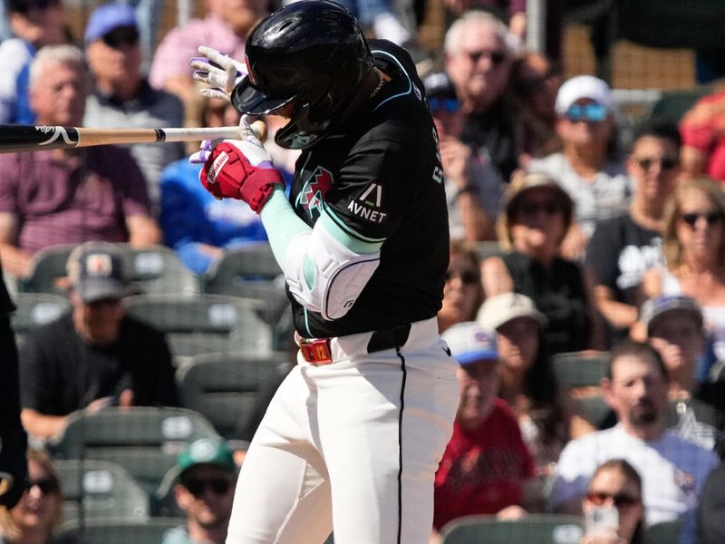 Mar 8, 2024; Salt River Pima-Maricopa, Arizona, USA; Arizona Diamondbacks left fielder Lourdes Gurriel Jr. (12) gets hit with the pitch against the Chicago Cubs in the third inning at Salt River Fields at Talking Stick. Mandatory Credit: Rick Scuteri-USA TODAY Sports