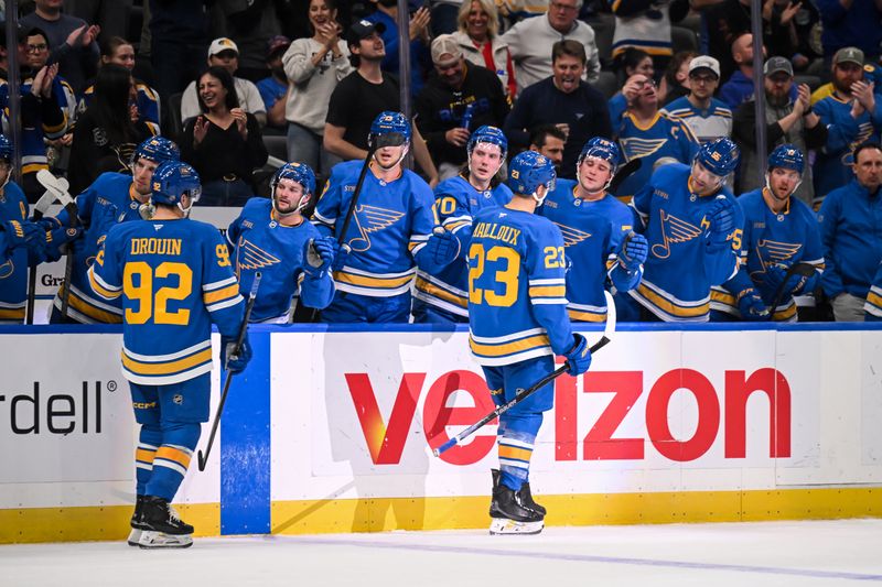 Apr 14, 2026; St. Louis, Missouri, USA; St. Louis Blues defenseman Logan Mailloux (23) celebrates with teammates after scoring a goal during the second period against the Pittsburgh Penguins at Enterprise Center. Mandatory Credit: Connor Hamilton-Imagn Images