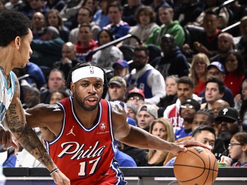 PHILADELPHIA, PA - MARCH 1: Buddy Heild #17 of the Philadelphia 76ers dribbles the ball during the game against the Charlotte Hornets on March 1, 2024 at the Wells Fargo Center in Philadelphia, Pennsylvania NOTE TO USER: User expressly acknowledges and agrees that, by downloading and/or using this Photograph, user is consenting to the terms and conditions of the Getty Images License Agreement. Mandatory Copyright Notice: Copyright 2024 NBAE (Photo by David Dow/NBAE via Getty Images)