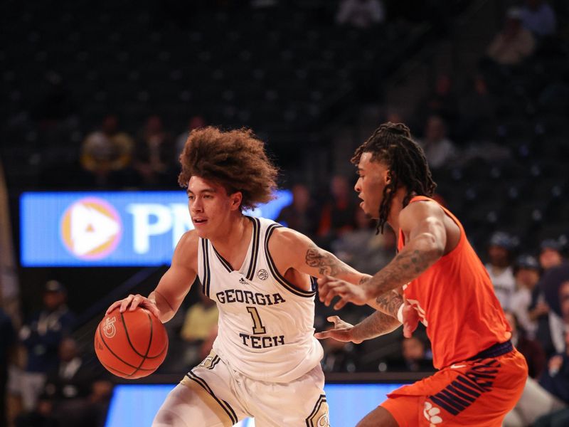 Jan 14, 2025; Atlanta, Georgia, USA; Clemson Tigers guard Del Jones (10) plays defense against Georgia Tech Yellow Jackets guard Naithan George (1) during the first half at McCamish Pavilion. Mandatory Credit: Jordan Godfree-Imagn Images