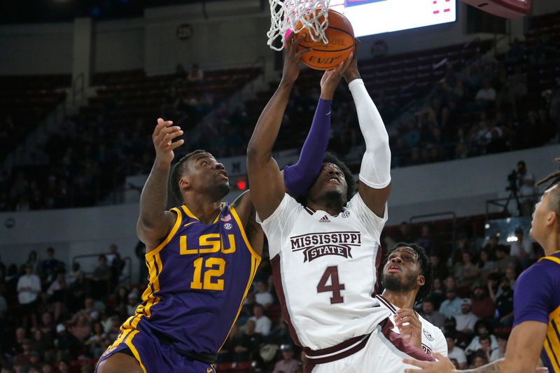 Feb 8, 2023; Starkville, Mississippi, USA; LSU Tigers forward KJ Williams (12) and Mississippi State Bulldogs guard/forward Cameron Matthews (4) battle for a rebound during the first half at Humphrey Coliseum. Mandatory Credit: Petre Thomas-USA TODAY Sports