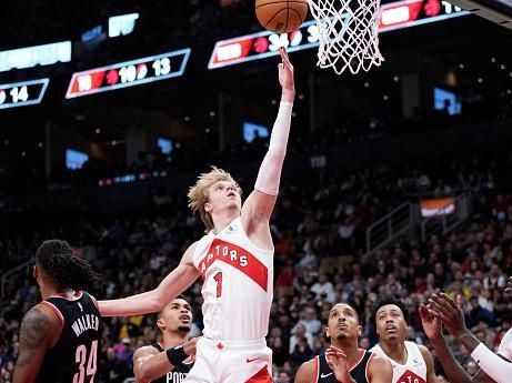 TORONTO, ON - OCTOBER 30: Gradey Dick #1 of the Toronto Raptors goes to the basket against the Portland Trail Blazers during the second half of their basketball game at the Scotiabank Arena on October 30, 2023 in Toronto, Ontario, Canada. NOTE TO USER: User expressly acknowledges and agrees that, by downloading and/or using this Photograph, user is consenting to the terms and conditions of the Getty Images License Agreement. (Photo by Mark Blinch/Getty Images)