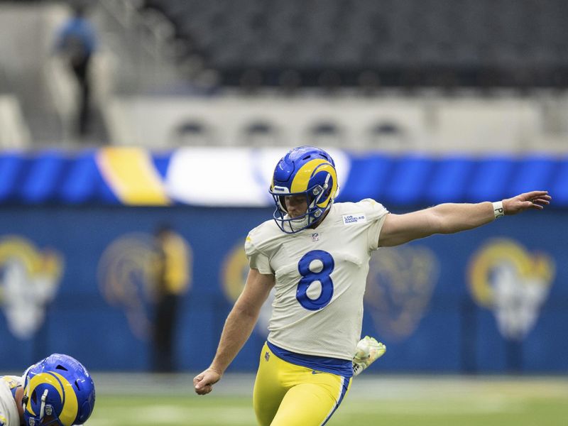 Los Angeles Rams place kicker Matt Gay (8) kicks before an NFL football game against the Atlanta Falcons Sunday, Sept. 18, 2022, in Inglewood, Calif. (AP Photo/Kyusung Gong)