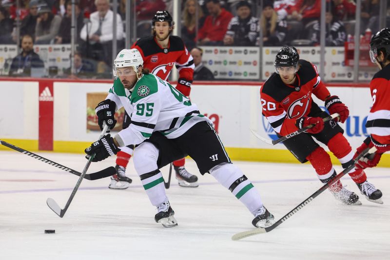 Jan 20, 2024; Newark, New Jersey, USA; Dallas Stars center Matt Duchene (95) skates with the puck against the New Jersey Devils during the first period at Prudential Center. Mandatory Credit: Ed Mulholland-USA TODAY Sports