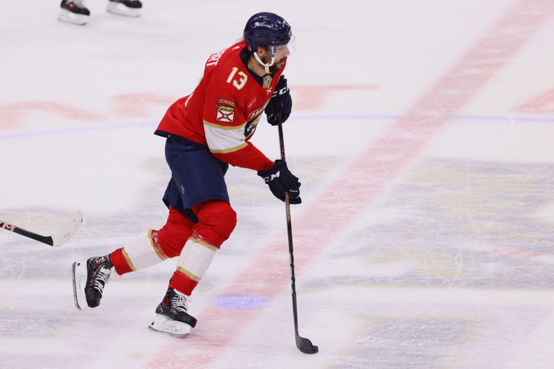 Jun 24, 2024; Sunrise, Florida, USA; Florida Panthers forward Sam Reinhart (13) controls the puck during the second period against the Edmonton Oilers in game seven of the 2024 Stanley Cup Final at Amerant Bank Arena. Mandatory Credit: Sam Navarro-USA TODAY Sports