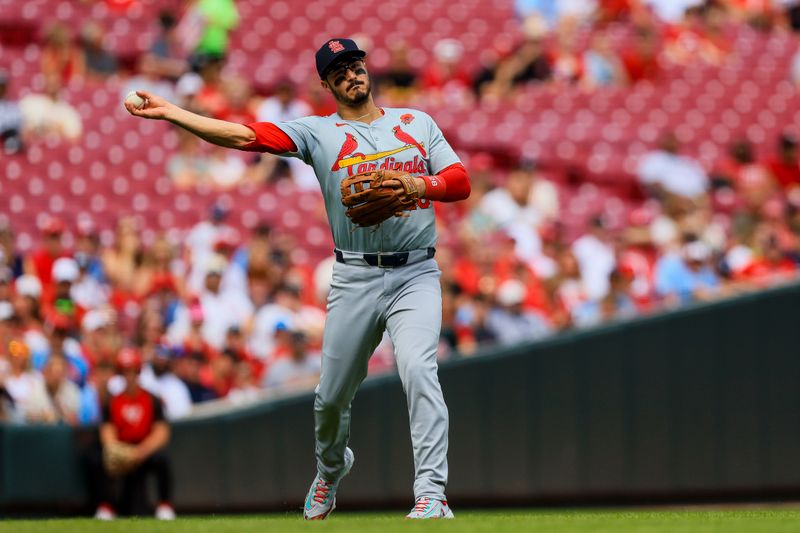 May 27, 2024; Cincinnati, Ohio, USA; St. Louis Cardinals third baseman Nolan Arenado (28) throws to first to get Cincinnati Reds outfielder Jacob Hurtubise (not pictured) out in the first inning at Great American Ball Park. Mandatory Credit: Katie Stratman-USA TODAY Sports