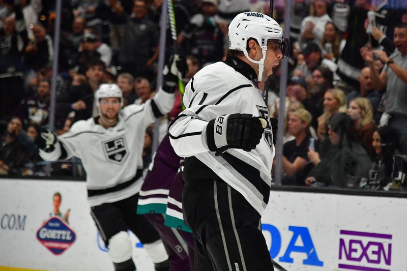 Nov 24, 2023; Anaheim, California, USA; Los Angeles Kings center Anze Kopitar (11) celebrates his goal scored against the Anaheim Ducks during the third period at Honda Center. Mandatory Credit: Gary A. Vasquez-USA TODAY Sports