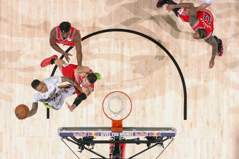 NEW ORLEANS, LA - FEBRUARY 25: Jordan Hawkins #24 of the New Orleans Pelicans shoots the ball during the game against the Chicago Bulls on February 25, 2024 at the Smoothie King Center in New Orleans, Louisiana. NOTE TO USER: User expressly acknowledges and agrees that, by downloading and or using this Photograph, user is consenting to the terms and conditions of the Getty Images License Agreement. Mandatory Copyright Notice: Copyright 2024 NBAE (Photo by Layne Murdoch Jr./NBAE via Getty Images)