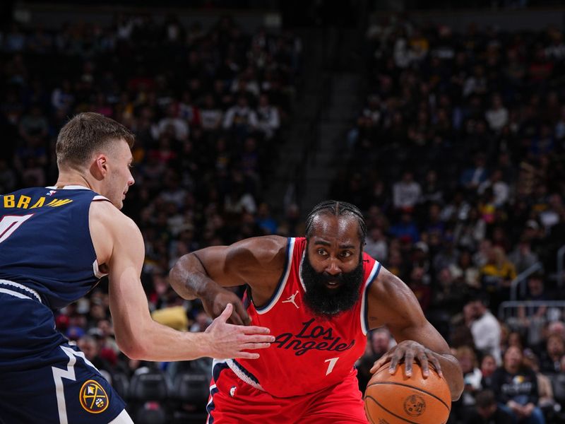 DENVER, CO - DECEMBER 13: James Harden #1 of the LA Clippers drives to the basket during the game against the Denver Nuggets on December 13, 2024 at Ball Arena in Denver, Colorado. NOTE TO USER: User expressly acknowledges and agrees that, by downloading and/or using this Photograph, user is consenting to the terms and conditions of the Getty Images License Agreement. Mandatory Copyright Notice: Copyright 2024 NBAE (Photo by Garrett Ellwood/NBAE via Getty Images)