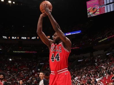 MIAMI, FL - DECEMBER 16: Patrick Williams #44 of the Chicago Bulls shoots a three point basket during the game against the Miami Heat on December 16, 2023 at Kaseya Center in Miami, Florida. NOTE TO USER: User expressly acknowledges and agrees that, by downloading and or using this Photograph, user is consenting to the terms and conditions of the Getty Images License Agreement. Mandatory Copyright Notice: Copyright 2023 NBAE (Photo by Issac Baldizon/NBAE via Getty Images)