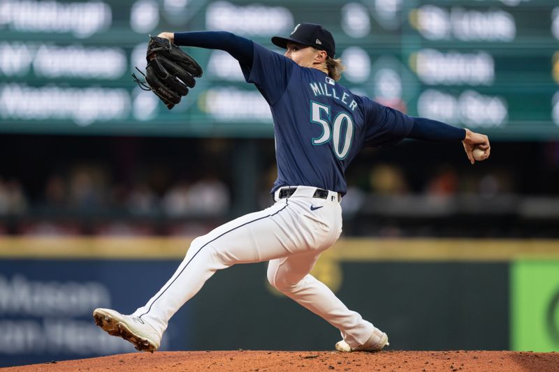 Aug 26, 2024; Seattle, Washington, USA; Seattle Mariners starter Bryce Miller (50) delivers a pitch during the second inning against the Tampa Bay Rays at T-Mobile Park. Mandatory Credit: Stephen Brashear-USA TODAY Sports