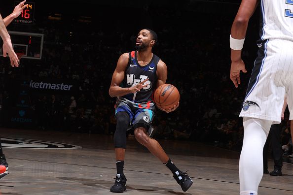 BROOKLYN, NY - DECEMBER 2: Mikal Bridges #1 of the Brooklyn Nets shoots the ball during the game against the Orlando Magic on December 2, 2023 at Barclays Center in Brooklyn, New York. NOTE TO USER: User expressly acknowledges and agrees that, by downloading and or using this Photograph, user is consenting to the terms and conditions of the Getty Images License Agreement. Mandatory Copyright Notice: Copyright 2023 NBAE (Photo by Nathaniel S. Butler/NBAE via Getty Images)