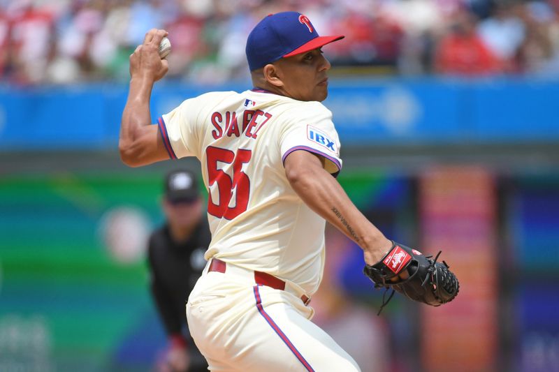 Jun 1, 2025; Philadelphia, Pennsylvania, USA;  Philadelphia Phillies pitcher Ranger Suárez (55) throws a pitch during the first inning against the Milwaukee Brewers at Citizens Bank Park. Mandatory Credit: Eric Hartline-Imagn Images