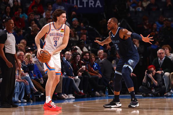 OKLAHOMA CITY, OK - DECEMBER 18:  Josh Giddey #3 of the Oklahoma City Thunder handles the ball during the game against the Memphis Grizzlies on December 18, 2023 at Paycom Arena in Oklahoma City, Oklahoma. NOTE TO USER: User expressly acknowledges and agrees that, by downloading and or using this photograph, User is consenting to the terms and conditions of the Getty Images License Agreement. Mandatory Copyright Notice: Copyright 2023 NBAE (Photo by Zach Beeker/NBAE via Getty Images)