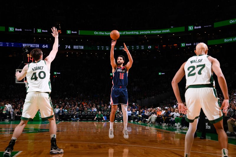 BOSTON, MA - APRIL 14: Anthony Gill #16 of the Washington Wizards shoots a three point basket during the game  against the Boston Celtics on April 14, 2024 at the TD Garden in Boston, Massachusetts. NOTE TO USER: User expressly acknowledges and agrees that, by downloading and or using this photograph, User is consenting to the terms and conditions of the Getty Images License Agreement. Mandatory Copyright Notice: Copyright 2024 NBAE  (Photo by Brian Babineau/NBAE via Getty Images)