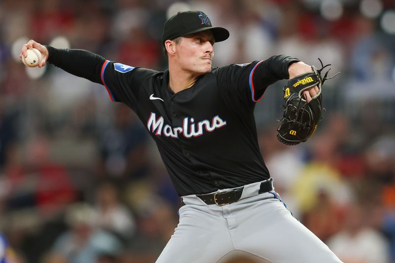 Aug 3, 2024; Atlanta, Georgia, USA; Miami Marlins relief pitcher Calvin Faucher (53) throws against the Atlanta Braves in the ninth inning at Truist Park. Mandatory Credit: Brett Davis-USA TODAY Sports