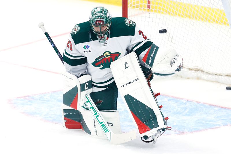 Sep 21, 2024; Winnipeg, Manitoba, CAN; Minnesota Wild goaltender Marc-Andre Fleury (29) warms up before a preseason game against the Winnipeg Jets at Canada Life Centre. Mandatory Credit: James Carey Lauder-Imagn Images