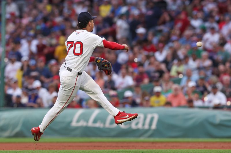 Jun 24, 2024; Boston, Massachusetts, USA; Boston Red Sox shortstop David Hamilton (70) throws to first during the second inning against the Toronto Blue Jays at Fenway Park. Mandatory Credit: Paul Rutherford-USA TODAY Sports