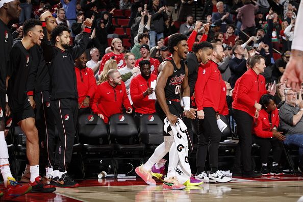 PORTLAND, OR - DECEMBER 21: The Portland Trail Blazers bench celebrates during the game against the Washington Wizards on December 21, 2023 at the Moda Center Arena in Portland, Oregon. NOTE TO USER: User expressly acknowledges and agrees that, by downloading and or using this photograph, user is consenting to the terms and conditions of the Getty Images License Agreement. Mandatory Copyright Notice: Copyright 2023 NBAE (Photo by Cameron Browne/NBAE via Getty Images)