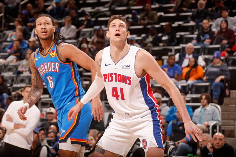 DETROIT, MI - JANUARY 28: Mike Muscala #41 of the Detroit Pistons looks on during the game against the Oklahoma City Thunder on January 28, 2024 at Little Caesars Arena in Detroit, Michigan. NOTE TO USER: User expressly acknowledges and agrees that, by downloading and/or using this photograph, User is consenting to the terms and conditions of the Getty Images License Agreement. Mandatory Copyright Notice: Copyright 2024 NBAE (Photo by Brian Sevald/NBAE via Getty Images)