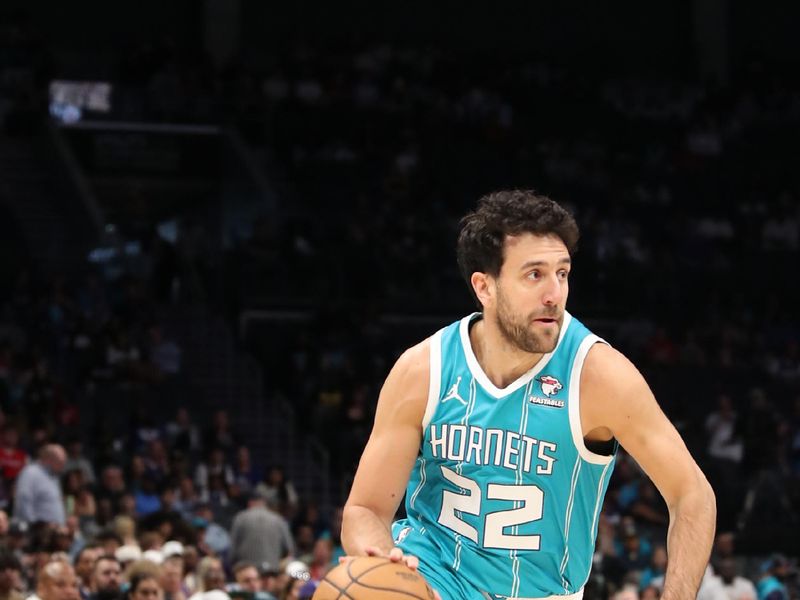 CHARLOTTE, NC - MARCH 31: Vasilije Micic #22 of the Charlotte Hornets  dribbles the ball during the game against the LA Clippers on March 31, 2024 at Spectrum Center in Charlotte, North Carolina. NOTE TO USER: User expressly acknowledges and agrees that, by downloading and or using this photograph, User is consenting to the terms and conditions of the Getty Images License Agreement.  Mandatory Copyright Notice:  Copyright 2024 NBAE (Photo by Brock Williams-Smith/NBAE via Getty Images)