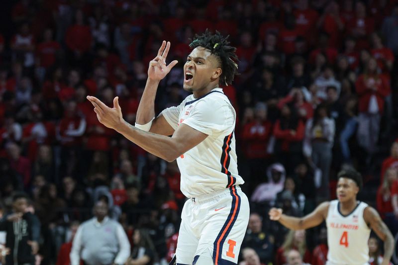 Dec 2, 2023; Piscataway, New Jersey, USA; Illinois Fighting Illini guard Terrence Shannon Jr. (0) reacts after a three point basket against the Rutgers Scarlet Knights during the second half at Jersey Mike's Arena. Mandatory Credit: Vincent Carchietta-USA TODAY Sports