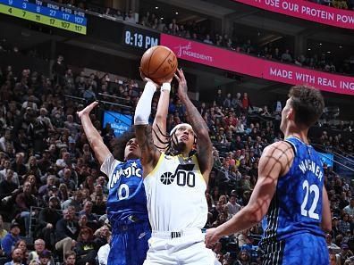 SALT LAKE CITY, UT - NOVEMBER 2: Jordan Clarkson #00 of the Utah Jazz drives to the basket during the game against the Orlando Magic on November 2, 2023 at Delta Center in Salt Lake City, Utah. NOTE TO USER: User expressly acknowledges and agrees that, by downloading and or using this Photograph, User is consenting to the terms and conditions of the Getty Images License Agreement. Mandatory Copyright Notice: Copyright 2023 NBAE (Photo by Melissa Majchrzak/NBAE via Getty Images)