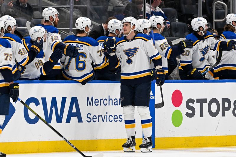 Mar 5, 2024; Elmont, New York, USA;  St. Louis Blues right wing Alexey Toropchenko (13) celebrates after scoring against the New York Islanders during the second period at UBS Arena. Mandatory Credit: Dennis Schneidler-USA TODAY Sports